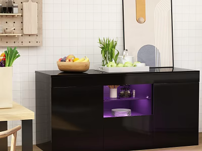 Modern Black Kitchen Sideboard With Fruit Bowl Green Plants And Purple Light Drawer 3d model