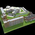 Campus With Different Architectural Style Buildings Red Brick Modern Clock Tower Green Lawn And Road