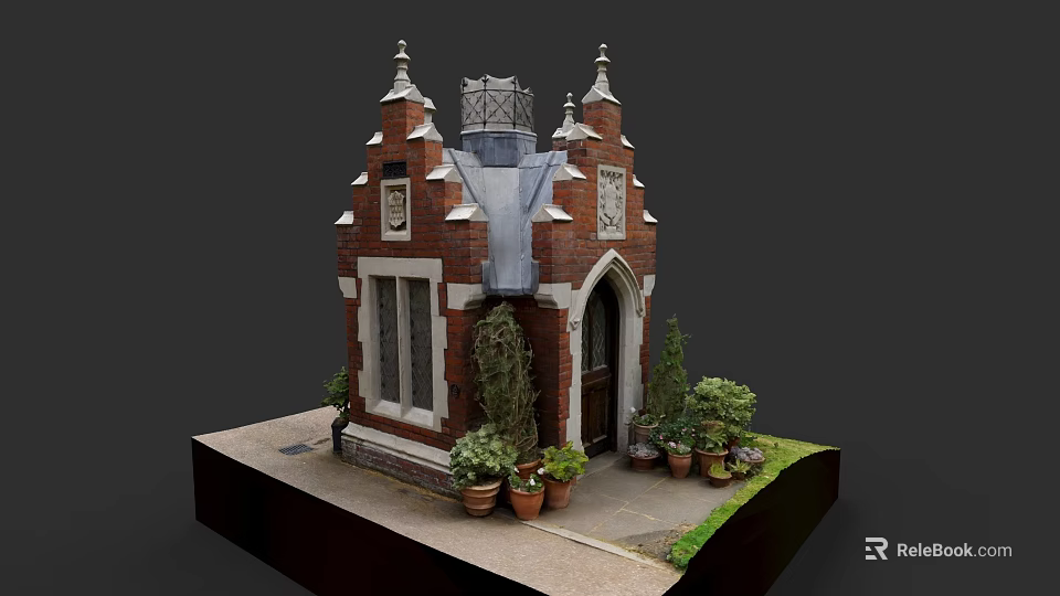 Urban Gothic Style Brick Building with Spires Arched Door and Potted Plants 3d model 