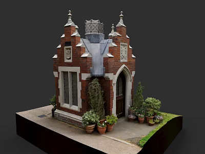 Urban Gothic Style Brick Building with Spires Arched Door and Potted Plants 3d model