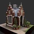 Urban Gothic Style Brick Building with Spires Arched Door and Potted Plants