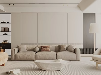 Minimalist Living Room Interior With Beige Sofa White Coffee Table And Floor Lamp 3d model