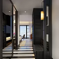 Modern Hotel Room With Striped Sofa Round Table Wooden Dresser And Wall Paintings