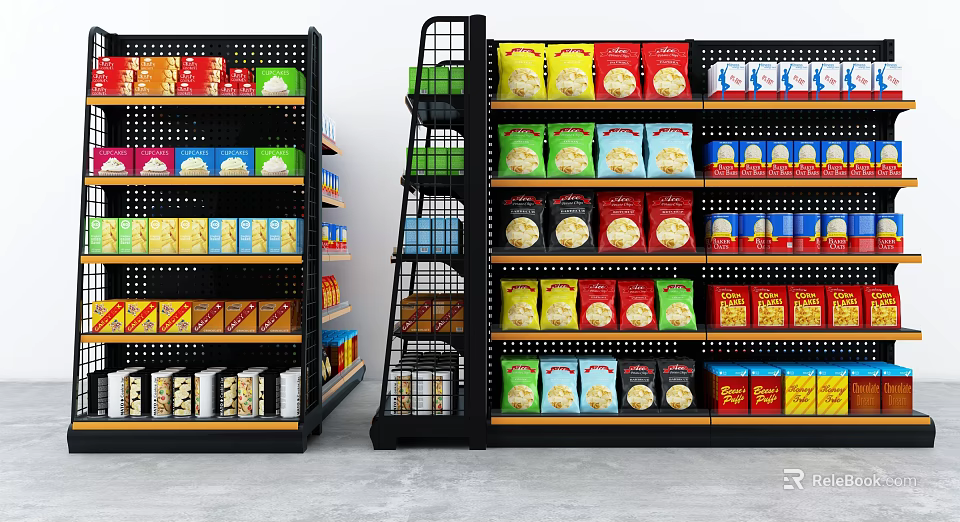 Sturdy Retail Display Shelves With Colorful Packaged Foods And Layered Arrangement 3d model 