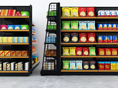 Sturdy Retail Display Shelves With Colorful Packaged Foods And Layered Arrangement 3d model