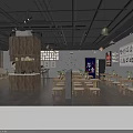 Modern Restaurant Interior With Red Grid Wall Stone Bar Wooden Tables And Pendant Lights