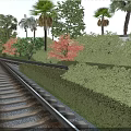 Park Landscape With Railroad Tracks Palm Trees Red Maple Trees Green Shrubs And Blue Sky