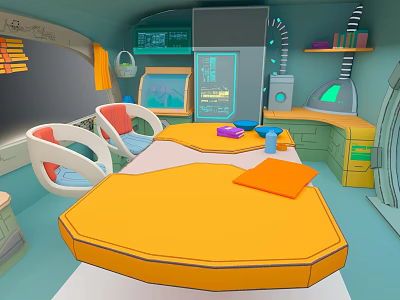 Cartoon Room Interior With Octagonal Yellow Table White Chairs Green Cabinets And Blue Walls 3d model