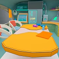 Cartoon Room Interior With Octagonal Yellow Table White Chairs Green Cabinets And Blue Walls