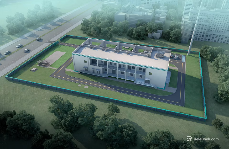 Modern Industrial Factory Building With Multi Story Structure Flat Roof Green Surroundings And Road Access 3d model 
