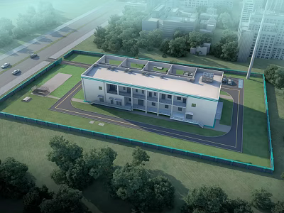 Modern Industrial Factory Building With Multi Story Structure Flat Roof Green Surroundings And Road Access 3d model