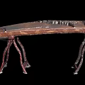 Tech Exhibition Hall Display of Brown Carved Guqin on Ornate Wooden Stand with Black Background