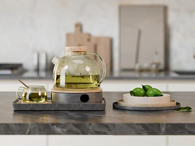 Stylish Glass Tea Set With Transparent Teapot Small Cup And Limes On Marble Kitchen Countertop 3d model