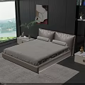 Modern Double Bed With Side Tables Pillows Dark Wooden Headboard Wall Window View And Rug