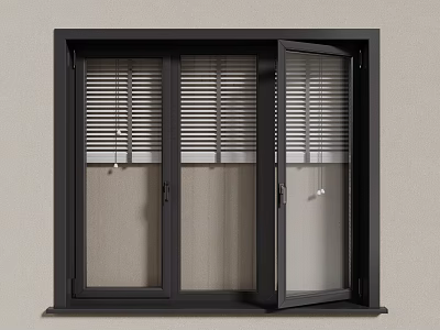 Modern Casement Window With Black Aluminum Frame And Blinds For Home Interior 3d model
