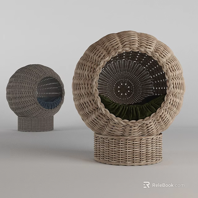 Woven Dome Shaped Pet Furniture With Light Dark Colors And Soft Green Cushion Interior 3d model 
