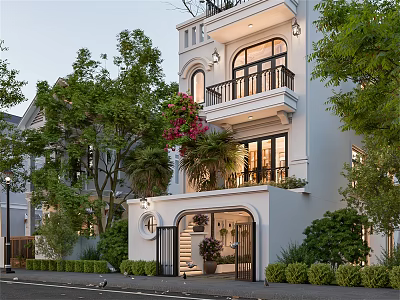 Stylish Two Story Detached Villa With White Exterior Balcony Flowers Arched Entrance And Green Trees 3d model
