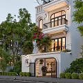 Stylish Two Story Detached Villa With White Exterior Balcony Flowers Arched Entrance And Green Trees