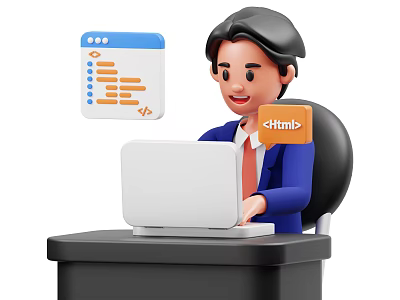 Man Working on Laptop with Calendar Displaying Tasks and Html Tag 3d model