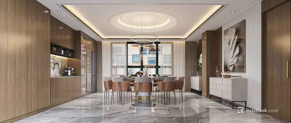 Modern Restaurant Interior Design With Round Dining Table And Pendant Lighting Decor 3d model