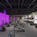 Modern Gym Interior With Various Fitness Equipment Purple Lighting Spacious Workout Area And Gray Flooring