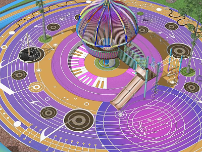 Colorful Children's Play Area With Circular Floor Design Carousel Structure And Slide 3d model