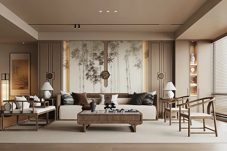 New Chinese Style Song Style Living Room New Chinese Style Living Room Song Style Living Room Sofa Coffee Table Combination Living Room Background Wall 3d model