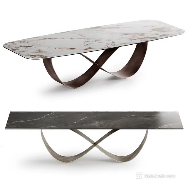 Modern Rectangular Marble Dining Tables With Unique Curved Crossed Metal Bases For Home Dining Rooms 3d model 