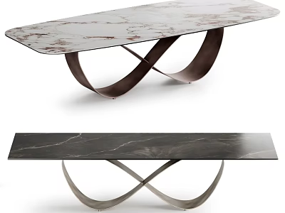 Modern Rectangular Marble Dining Tables With Unique Curved Crossed Metal Bases For Home Dining Rooms 3d model