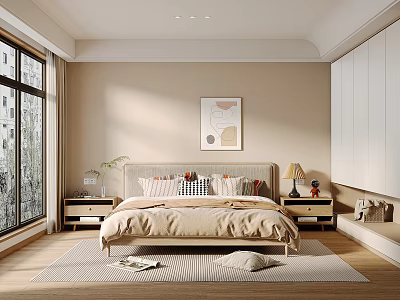 Elegant Beige Bedroom Interior With Large Windows Wooden Floor Bedside Tables And Decorative Painting 3d model