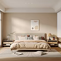 Elegant Beige Bedroom Interior With Large Windows Wooden Floor Bedside Tables And Decorative Painting