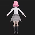 Anime woman with pink hair purple eyes white shirt red bow gray skirt black background