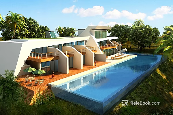 Modern Luxury Villa With Open Terrace Swimming Pool Palm Trees And Sun Loungers 3d model 