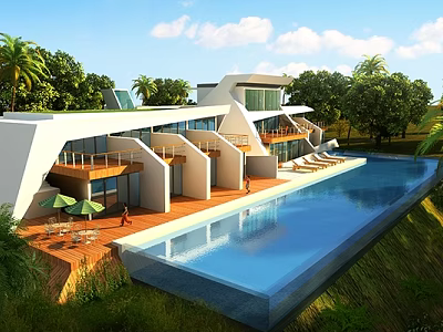 Modern Luxury Villa With Open Terrace Swimming Pool Palm Trees And Sun Loungers 3d model