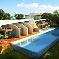 Modern Luxury Villa With Open Terrace Swimming Pool Palm Trees And Sun Loungers