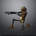 Robot Character With Mechanical Structure Holding Gun In Orange Black Sci Fi Design 3d model