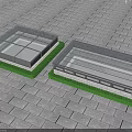 Two Square Outdoor Platforms On Paved Ground With Green Grass Borders And Wooden Glass Tops