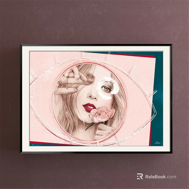 Artistic Female Portrait Painting With Circular Frame Holding Pink Flower And Soft Color Tones 3d model 