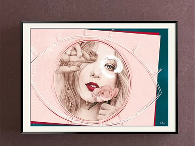 Artistic Female Portrait Painting With Circular Frame Holding Pink Flower And Soft Color Tones 3d model