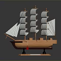 Detailed Wooden Sailboat Model With Multiple White Sails On Black Display Base