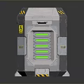 Futuristic Metallic Container With Green Internal Components Transparent Windows And Warning Stripes 3d model