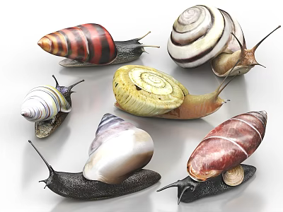 Colorful Reptile Snails With Spiral Shells And Diverse Patterns On 3d model