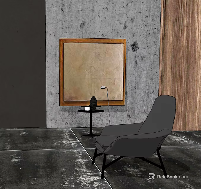Modern Gray Single Sofa With Black Round Side Table Lamp Gray Concrete Wall Wooden Panel 3d model 