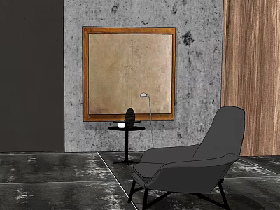 Modern Gray Single Sofa With Black Round Side Table Lamp Gray Concrete Wall Wooden Panel 3d model
