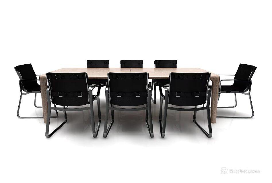 Modern Rectangular Dining Table Set With Black Chairs And Metal Frame 3d model 