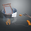 Essential Household Items Including Metal Basin Wooden Washboard Soap Clothespins And Rope