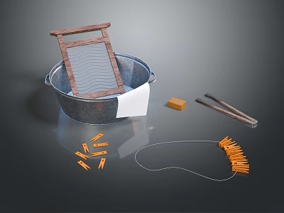 Essential Household Items Including Metal Basin Wooden Washboard Soap Clothespins And Rope 3d model