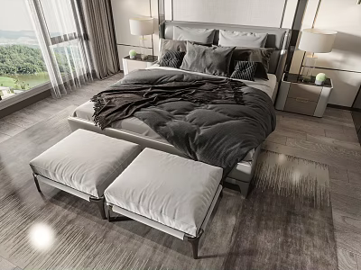 Modern Double Bed With Dark Bedding Pillows Ottoman Stools Nightstands And Scenic Window View 3d model