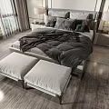 Modern Double Bed With Dark Bedding Pillows Ottoman Stools Nightstands And Scenic Window View