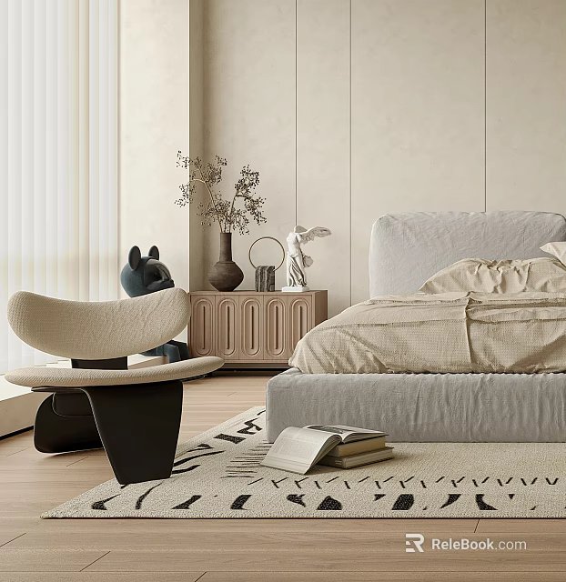 Minimalist Bedroom Interior Design With Beige Bedding Wooden Nightstand And Accent Chair 3d model 